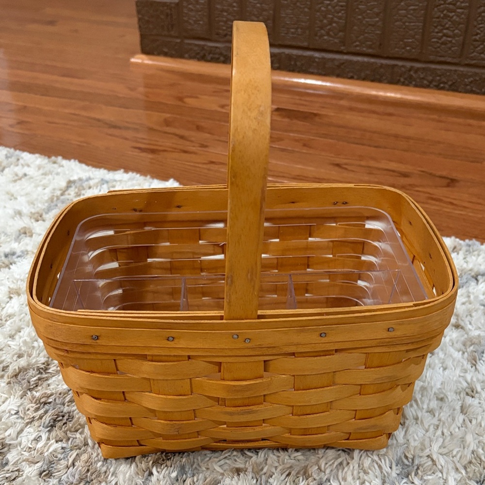 Longaberger Woven Basket with spoon, knife, fork, paper plate, plastic protector